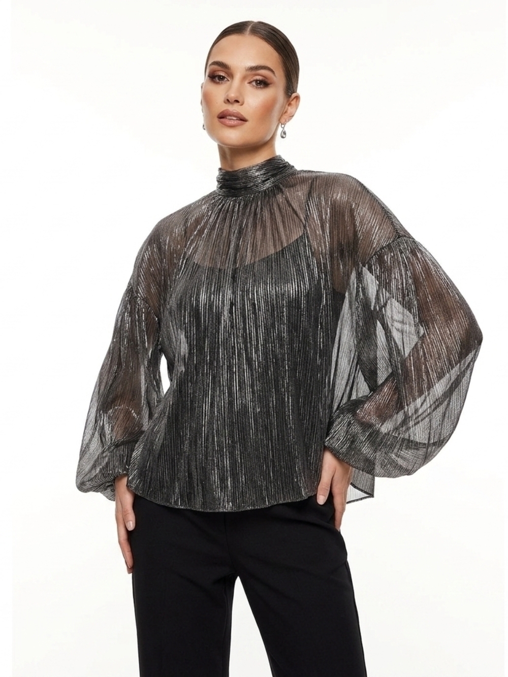 Halston Heritage Metallic Sheer High-Neck Blouse in Silver